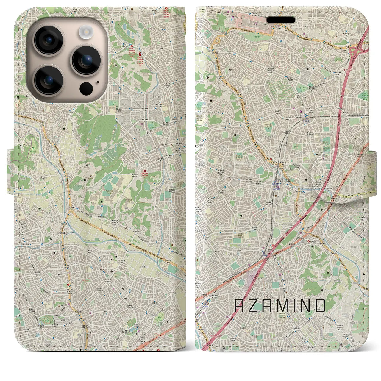 【あざみ野（神奈川県）】地図柄iPhoneケース（手帳タイプ）ナチュラル・iPhone 16 Plus 用