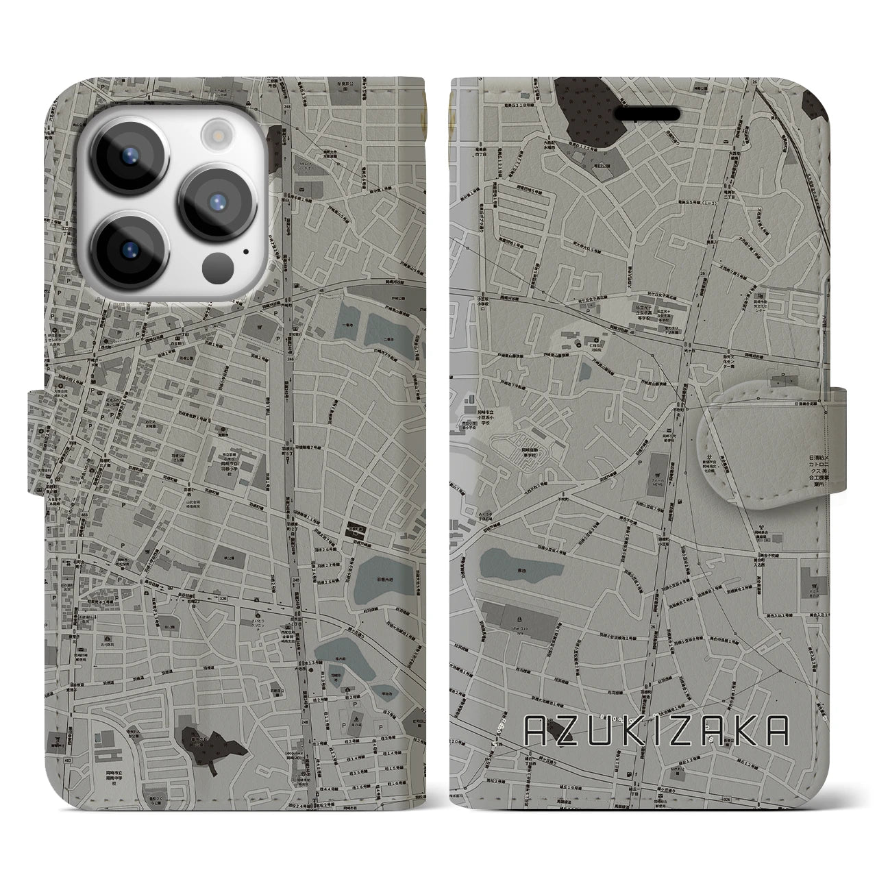 【小豆坂】地図柄iPhoneケース（手帳両面タイプ・モノトーン）iPhone 14 Pro 用