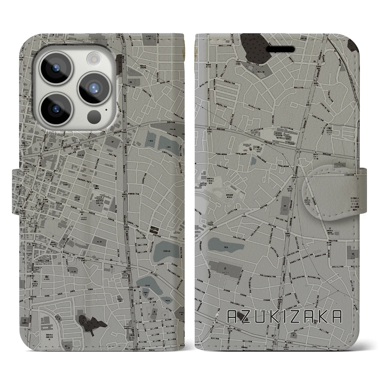 【小豆坂】地図柄iPhoneケース（手帳両面タイプ・モノトーン）iPhone 15 Pro 用