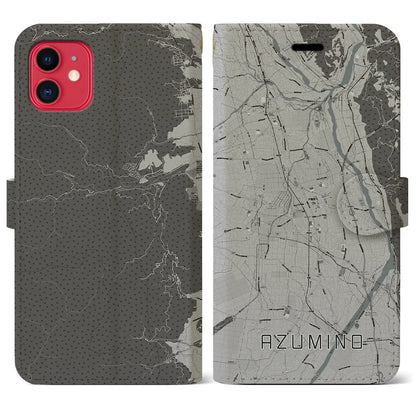 【安曇野（長野県）】地図柄iPhoneケース（手帳タイプ）モノトーン・iPhone 11 用