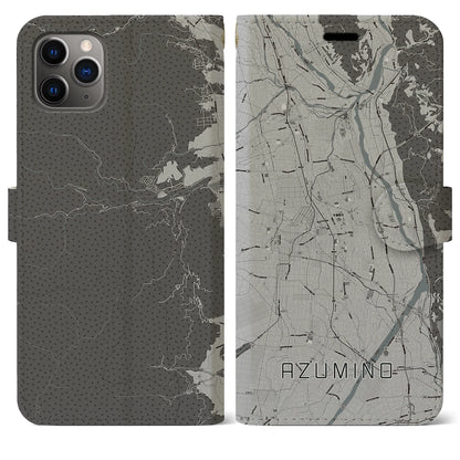 【安曇野（長野県）】地図柄iPhoneケース（手帳タイプ）モノトーン・iPhone 11 Pro Max 用