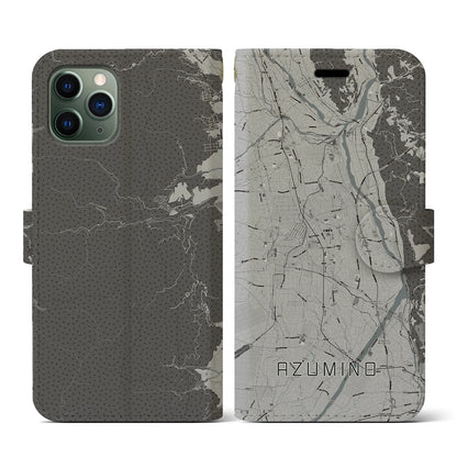 【安曇野（長野県）】地図柄iPhoneケース（手帳タイプ）モノトーン・iPhone 11 Pro 用