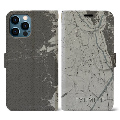 【安曇野（長野県）】地図柄iPhoneケース（手帳タイプ）モノトーン・iPhone 12 / 12 Pro 用