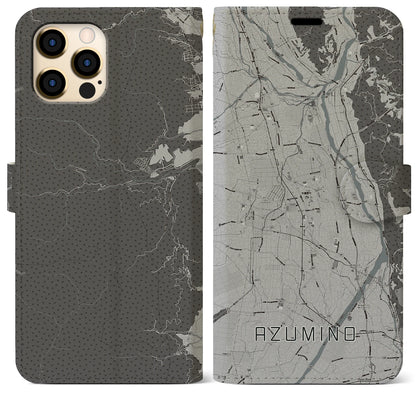 【安曇野（長野県）】地図柄iPhoneケース（手帳タイプ）モノトーン・iPhone 12 Pro Max 用