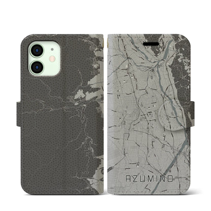 【安曇野（長野県）】地図柄iPhoneケース（手帳タイプ）モノトーン・iPhone 12 mini 用