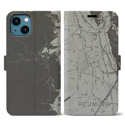 【安曇野（長野県）】地図柄iPhoneケース（手帳タイプ）モノトーン・iPhone 13 用