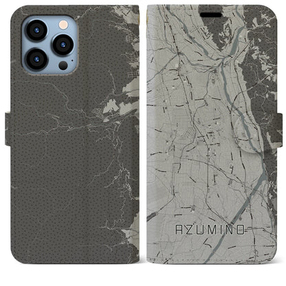 【安曇野（長野県）】地図柄iPhoneケース（手帳タイプ）モノトーン・iPhone 13 Pro Max 用