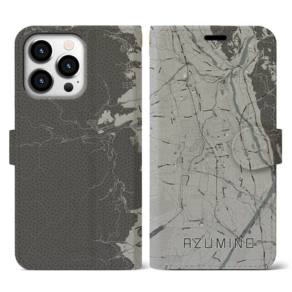 【安曇野（長野県）】地図柄iPhoneケース（手帳タイプ）モノトーン・iPhone 13 Pro 用