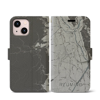 【安曇野（長野県）】地図柄iPhoneケース（手帳タイプ）モノトーン・iPhone 13 mini 用