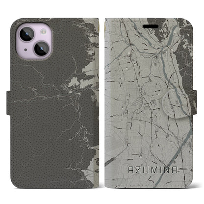 【安曇野（長野県）】地図柄iPhoneケース（手帳タイプ）モノトーン・iPhone 14 用