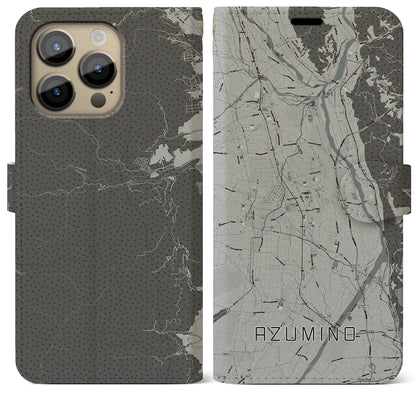 【安曇野（長野県）】地図柄iPhoneケース（手帳タイプ）モノトーン・iPhone 14 Pro Max 用