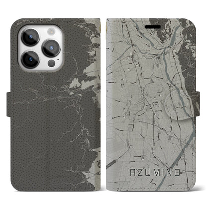 【安曇野（長野県）】地図柄iPhoneケース（手帳タイプ）モノトーン・iPhone 14 Pro 用