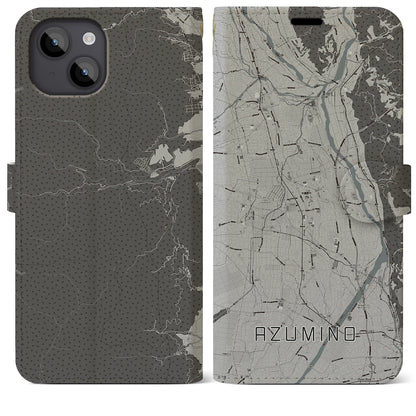 【安曇野（長野県）】地図柄iPhoneケース（手帳タイプ）モノトーン・iPhone 14 Plus 用