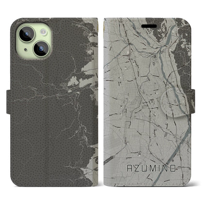 【安曇野（長野県）】地図柄iPhoneケース（手帳タイプ）モノトーン・iPhone 15 用