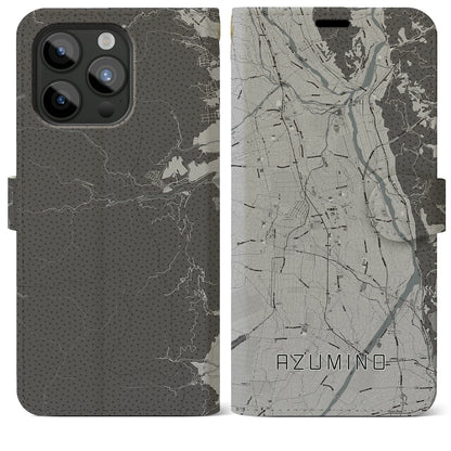 【安曇野（長野県）】地図柄iPhoneケース（手帳タイプ）モノトーン・iPhone 15 Pro Max 用