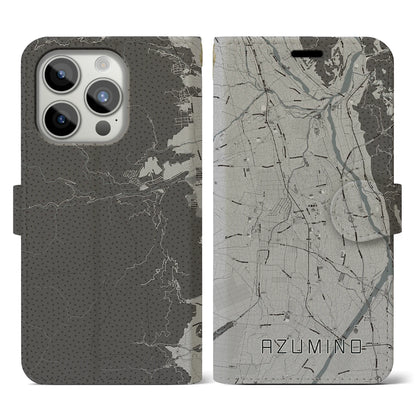 【安曇野（長野県）】地図柄iPhoneケース（手帳タイプ）モノトーン・iPhone 15 Pro 用