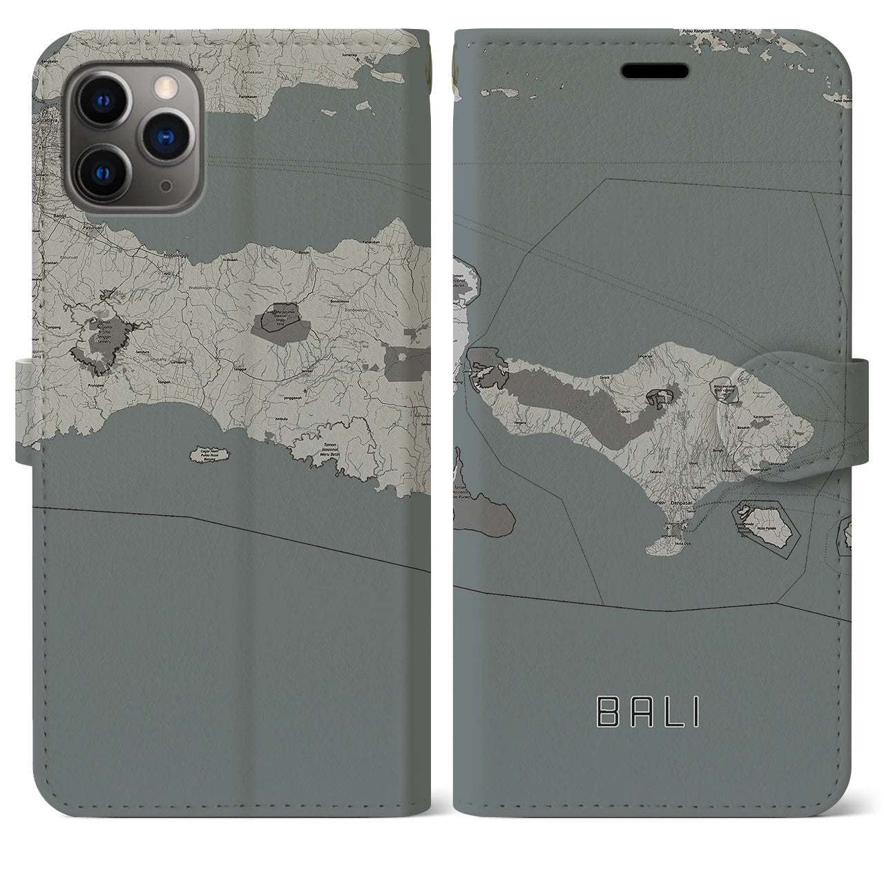 【バリ】地図柄iPhoneケース（手帳両面タイプ・モノトーン）iPhone 11 Pro Max 用