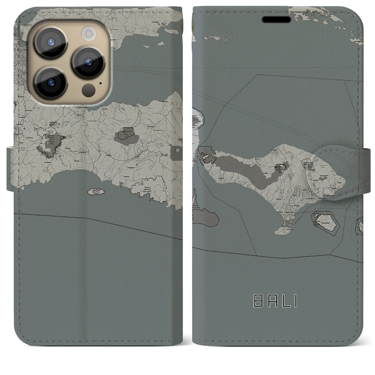【バリ】地図柄iPhoneケース（手帳両面タイプ・モノトーン）iPhone 14 Pro Max 用