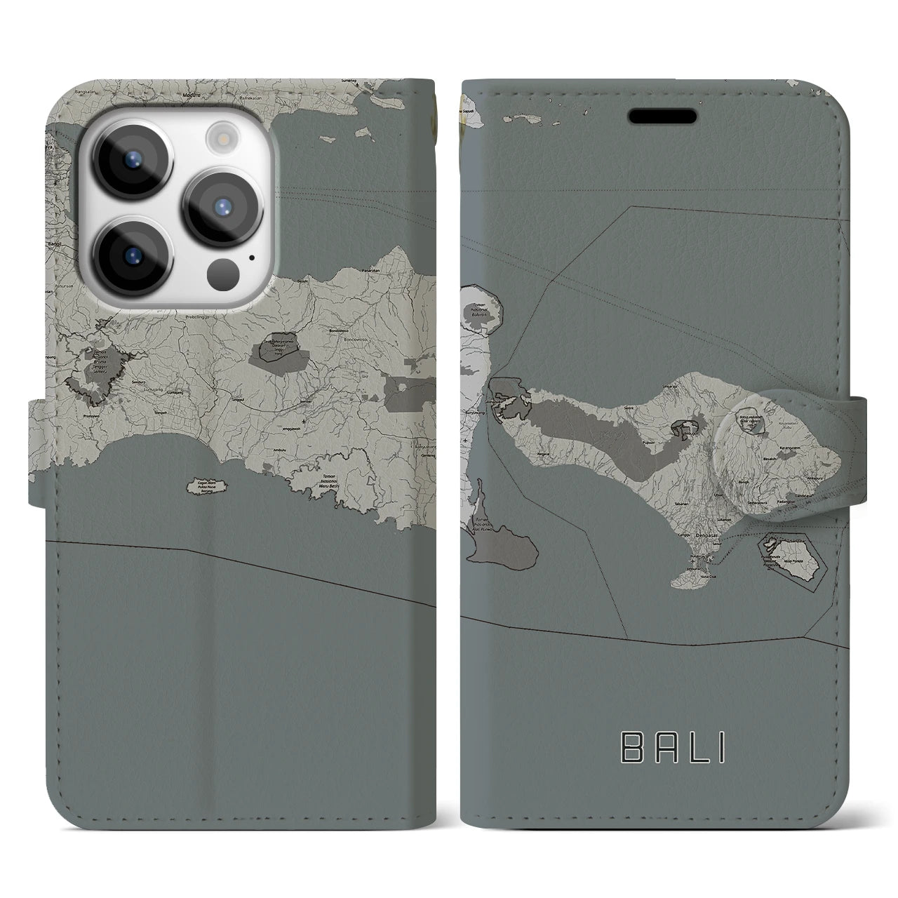【バリ】地図柄iPhoneケース（手帳両面タイプ・モノトーン）iPhone 14 Pro 用