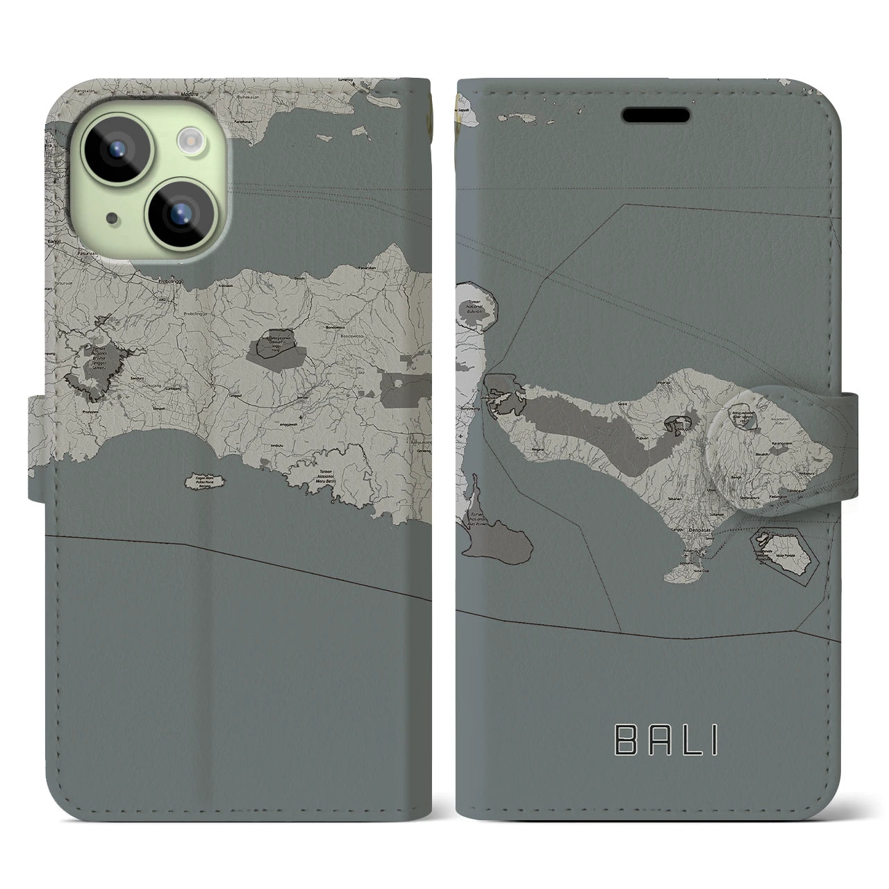 【バリ】地図柄iPhoneケース（手帳両面タイプ・モノトーン）iPhone 15 用