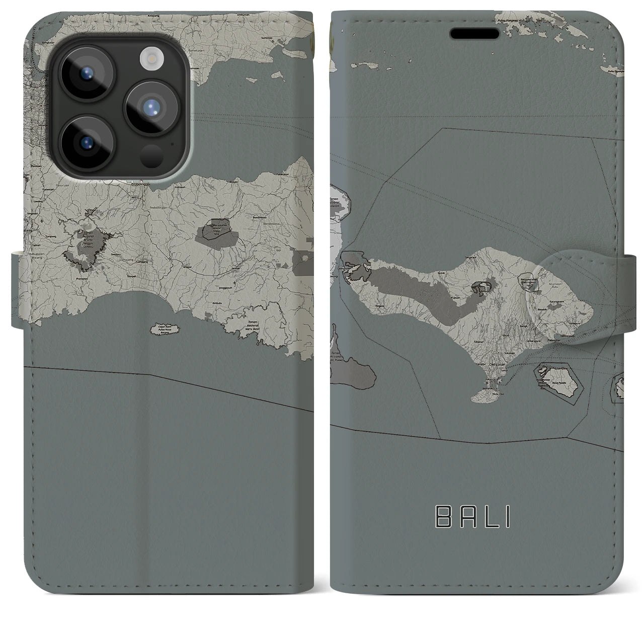 【バリ】地図柄iPhoneケース（手帳両面タイプ・モノトーン）iPhone 15 Pro Max 用