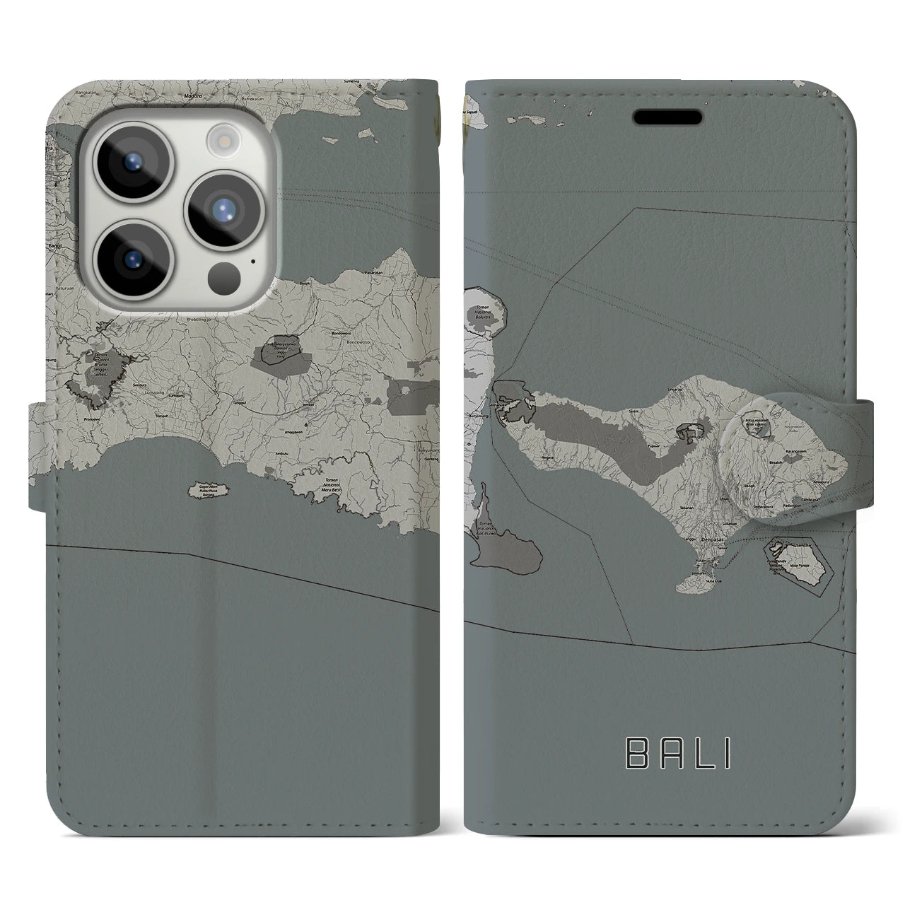 【バリ】地図柄iPhoneケース（手帳両面タイプ・モノトーン）iPhone 15 Pro 用