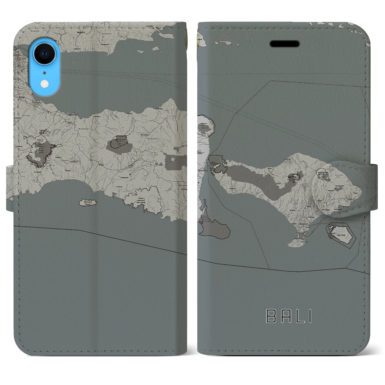【バリ】地図柄iPhoneケース（手帳両面タイプ・モノトーン）iPhone XR 用