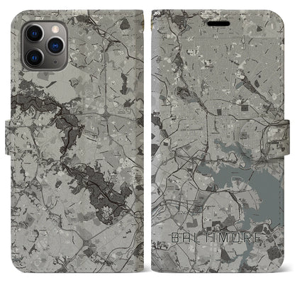 【ボルチモア（アメリカ）】地図柄iPhoneケース（手帳タイプ）モノトーン・iPhone 11 Pro Max 用