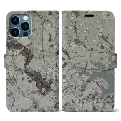 【ボルチモア（アメリカ）】地図柄iPhoneケース（手帳タイプ）モノトーン・iPhone 12 / 12 Pro 用