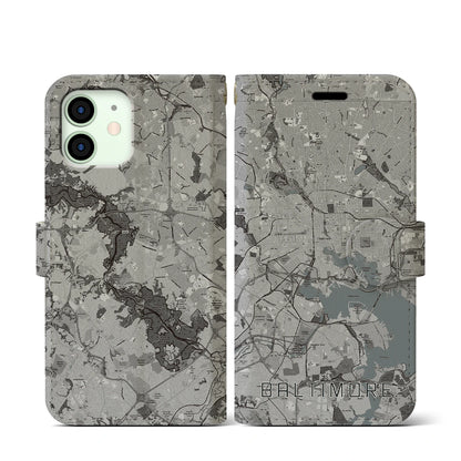 【ボルチモア（アメリカ）】地図柄iPhoneケース（手帳タイプ）モノトーン・iPhone 12 mini 用