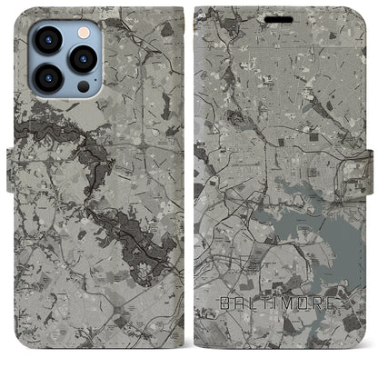 【ボルチモア（アメリカ）】地図柄iPhoneケース（手帳タイプ）モノトーン・iPhone 13 Pro Max 用