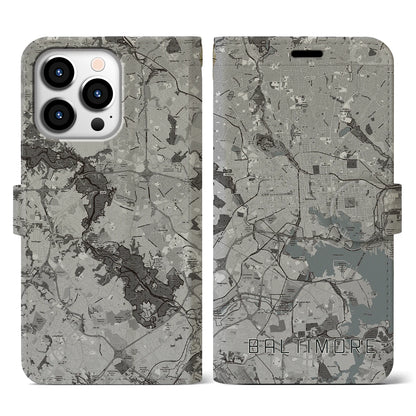 【ボルチモア（アメリカ）】地図柄iPhoneケース（手帳タイプ）モノトーン・iPhone 13 Pro 用