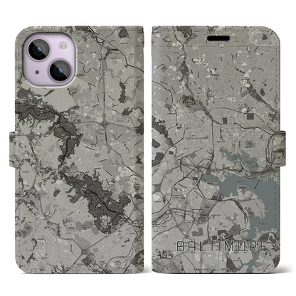 【ボルチモア（アメリカ）】地図柄iPhoneケース（手帳タイプ）モノトーン・iPhone 14 用