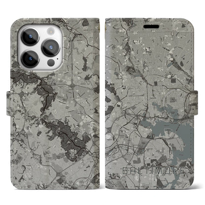 【ボルチモア（アメリカ）】地図柄iPhoneケース（手帳タイプ）モノトーン・iPhone 14 Pro 用