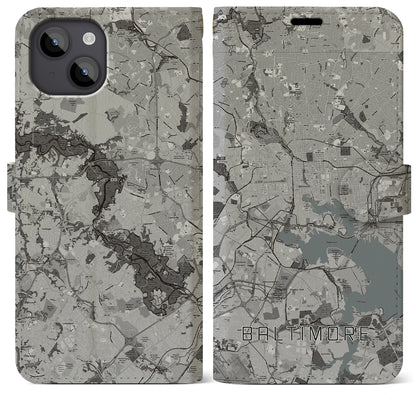 【ボルチモア（アメリカ）】地図柄iPhoneケース（手帳タイプ）モノトーン・iPhone 14 Plus 用