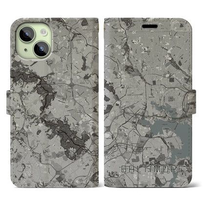 【ボルチモア（アメリカ）】地図柄iPhoneケース（手帳タイプ）モノトーン・iPhone 15 用
