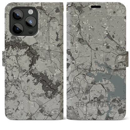【ボルチモア（アメリカ）】地図柄iPhoneケース（手帳タイプ）モノトーン・iPhone 15 Pro Max 用