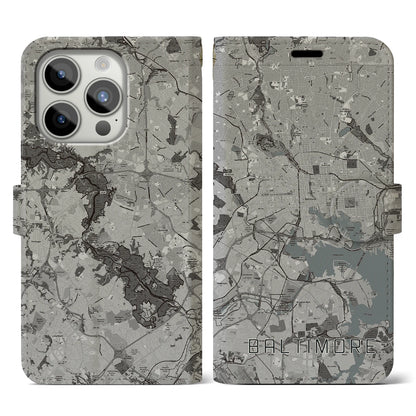 【ボルチモア（アメリカ）】地図柄iPhoneケース（手帳タイプ）モノトーン・iPhone 15 Pro 用