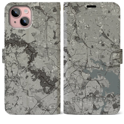 【ボルチモア（アメリカ）】地図柄iPhoneケース（手帳タイプ）モノトーン・iPhone 15 Plus 用