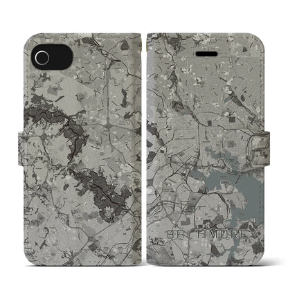 【ボルチモア（アメリカ）】地図柄iPhoneケース（手帳タイプ）モノトーン・iPhone SE（第3 / 第2世代） / 8 / 7 / 6s / 6 用