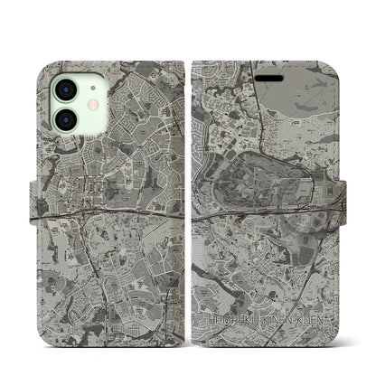 【万博記念公園（大阪府）】地図柄iPhoneケース（手帳タイプ）モノトーン・iPhone 12 mini 用