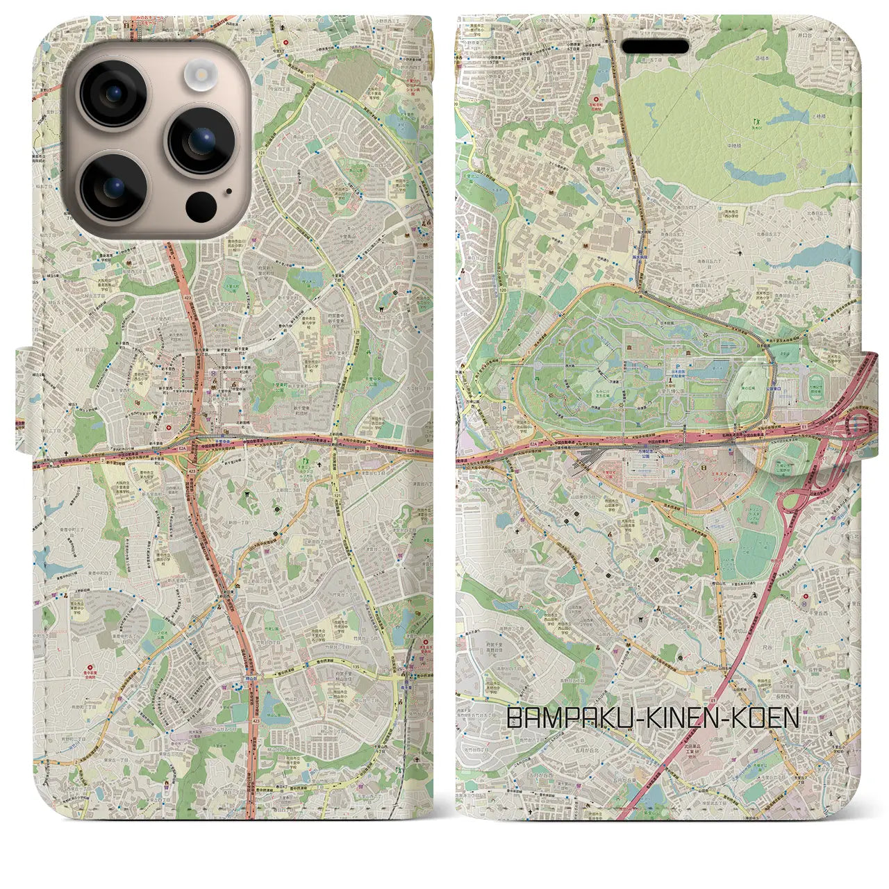 【万博記念公園（大阪府）】地図柄iPhoneケース（手帳タイプ）ナチュラル・iPhone 16 Plus 用