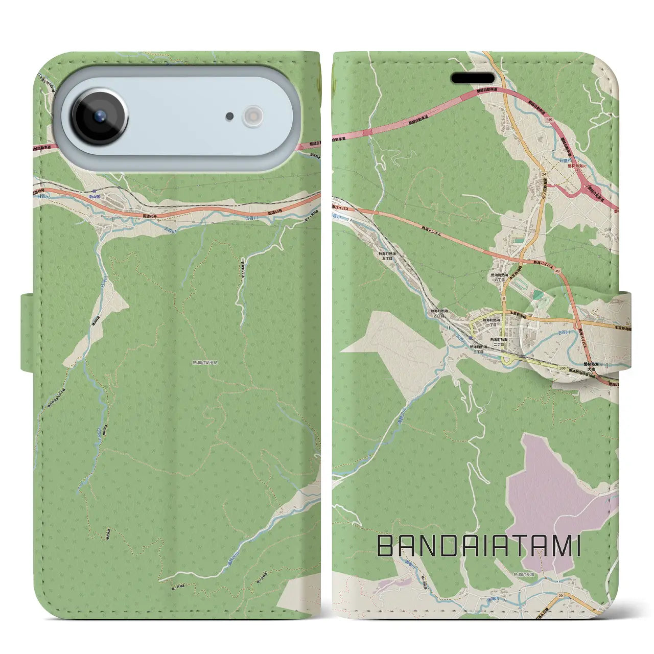 【磐梯熱海（福島県）】地図柄iPhoneケース（手帳タイプ）ナチュラル・iPhone 17 Pro Max 用
