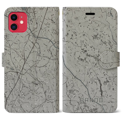 【坂東（茨城県）】地図柄iPhoneケース（手帳タイプ）モノトーン・iPhone 11 用