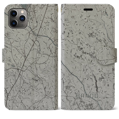 【坂東（茨城県）】地図柄iPhoneケース（手帳タイプ）モノトーン・iPhone 11 Pro Max 用