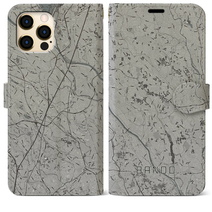 【坂東（茨城県）】地図柄iPhoneケース（手帳タイプ）モノトーン・iPhone 12 Pro Max 用