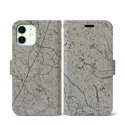 【坂東（茨城県）】地図柄iPhoneケース（手帳タイプ）モノトーン・iPhone 12 mini 用