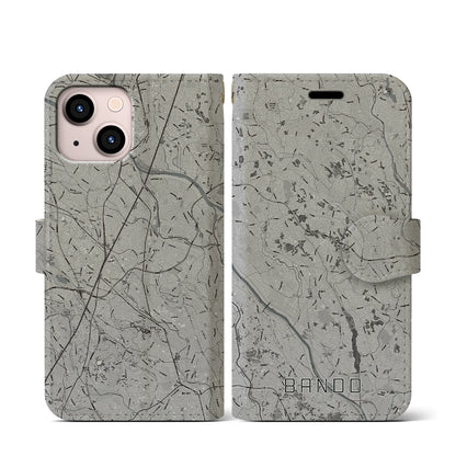 【坂東（茨城県）】地図柄iPhoneケース（手帳タイプ）モノトーン・iPhone 13 mini 用