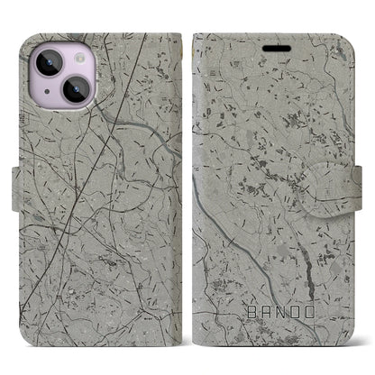 【坂東（茨城県）】地図柄iPhoneケース（手帳タイプ）モノトーン・iPhone 14 用