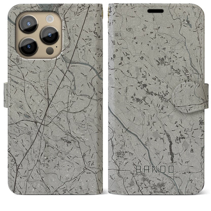 【坂東（茨城県）】地図柄iPhoneケース（手帳タイプ）モノトーン・iPhone 14 Pro Max 用